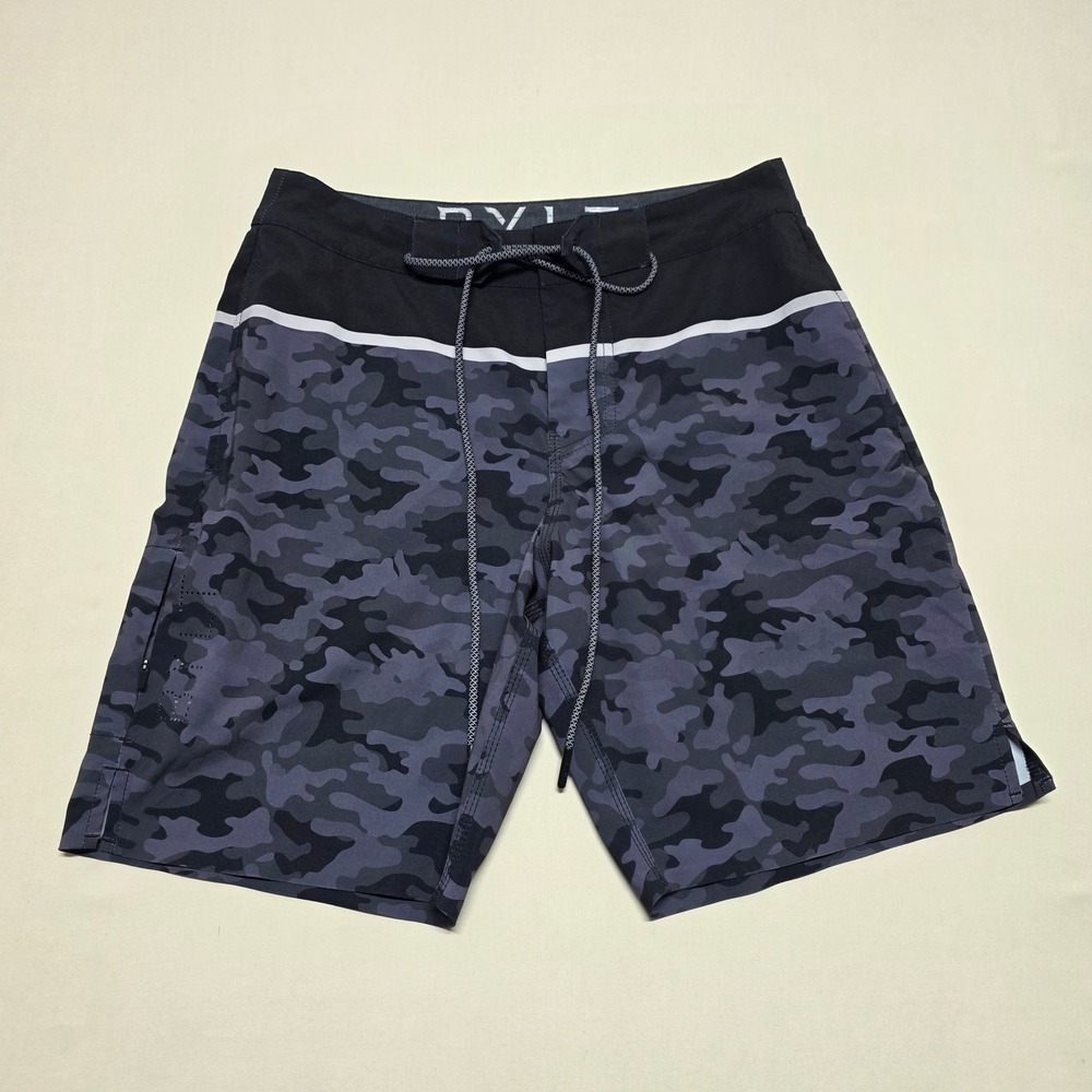 BYLT Basics Coastal Boardshort Mens Small Black Grey Camo Swim Trunks